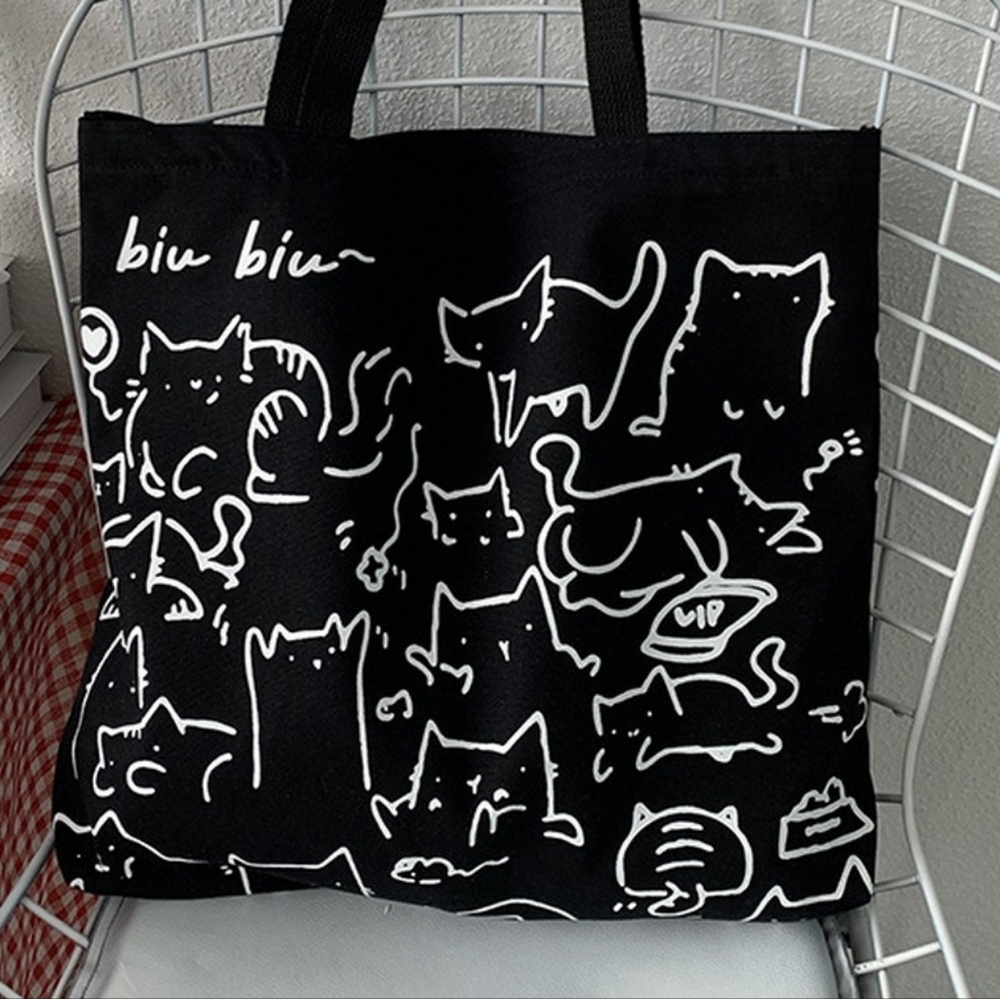 Adorable Cat  Print Canvas Zipper Tote